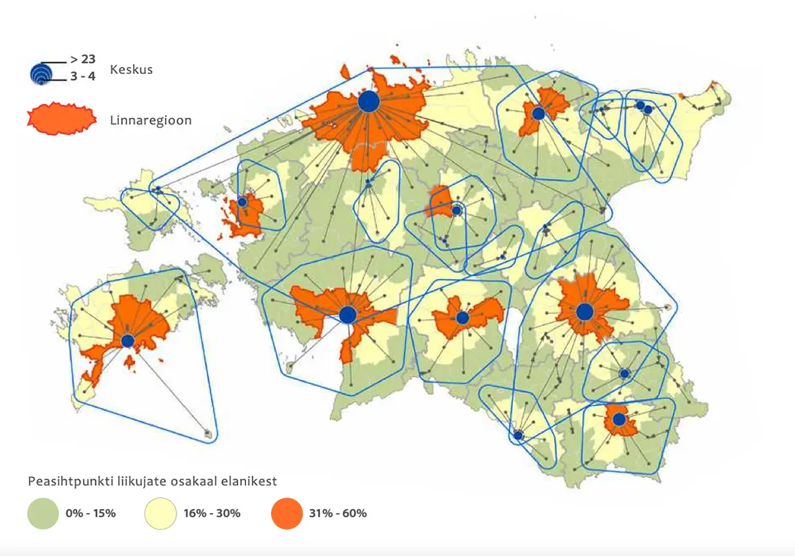 2010. aastal elukoha ja tööaja ankurpunktide põhjal leitud keskused, linnapiirkonnad ja keskuste tagamaad (Tartu Ülikool). Pilt on illustreeriv.