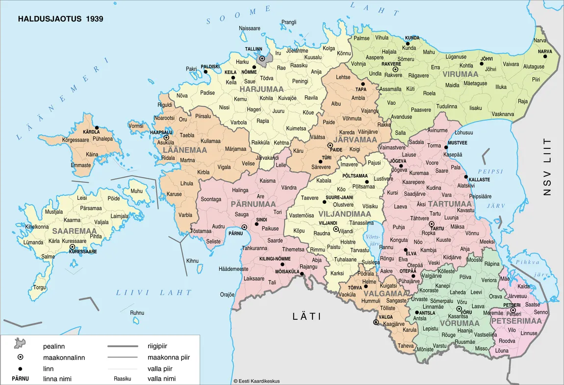 Näide ajaloost: Eesti haldusjaotus, sealhulgas linnad, 1939 (Eesti Kaardikeskus). Pilt on illustratiivne.